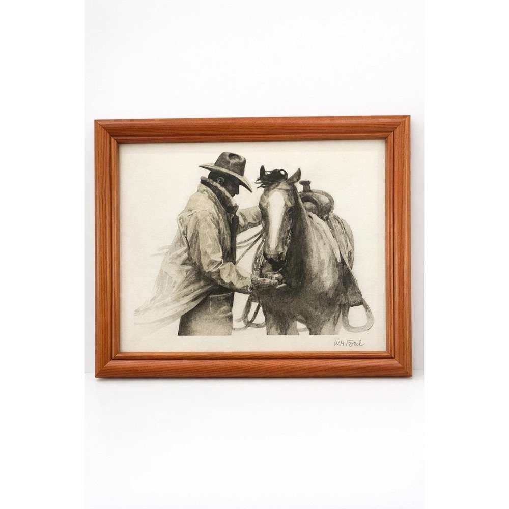 W.H. Ford Signed Cowboy & Horse Framed Print Western Art 8x10 Rustic Frame